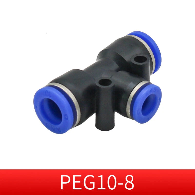 Pneumatic Push-in T-Shape 3-Way Fitting — Air Water Tube Connector PE4–PE16 & Reducing