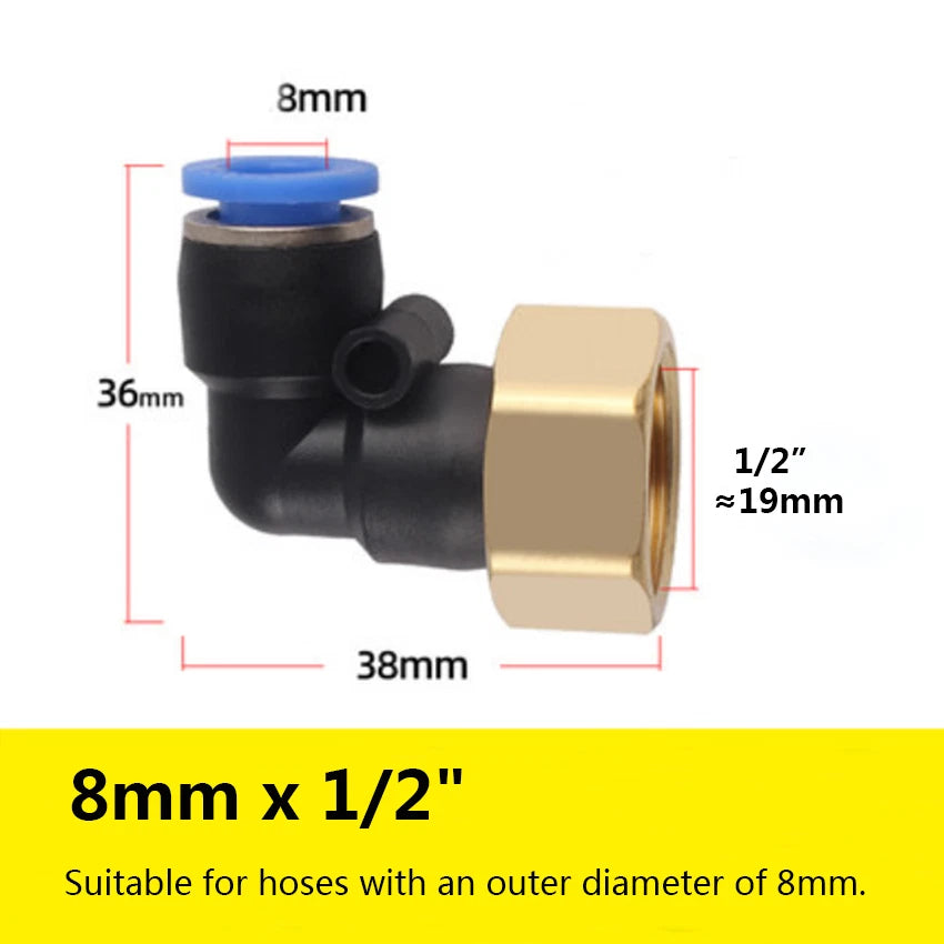 90° Elbow Push-to-Connect Pneumatic Fitting — 4mm to 12mm Hose OD, Female Thread