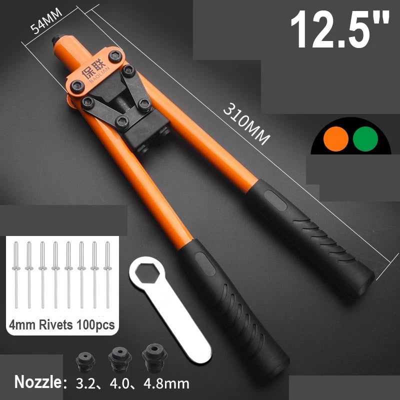 8"-17" Heavy Duty Hand Pop Rivet Gun Tool Kit With Rivets 4 Nozzle Head Wrench