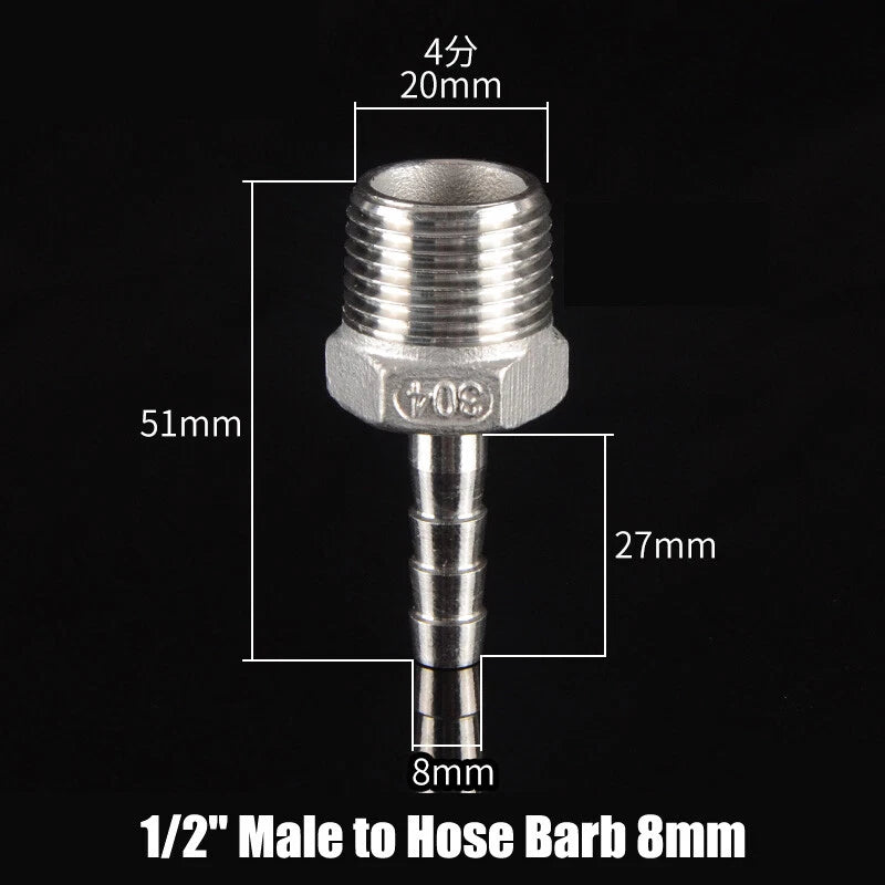 BSP Stainless Steel Male Hose Barb Fitting — 1/2" & 3/4" to Barb Connector