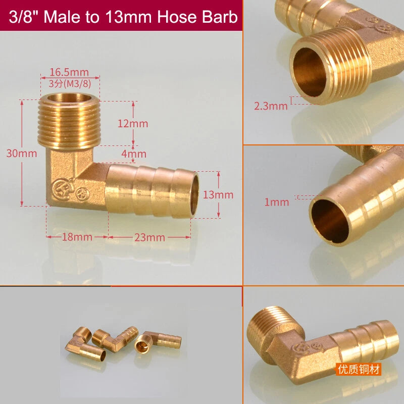Brass Hose Barb Elbow Fittings — Male BSP to Metric Barb, 1/8" to 3/4" BSP