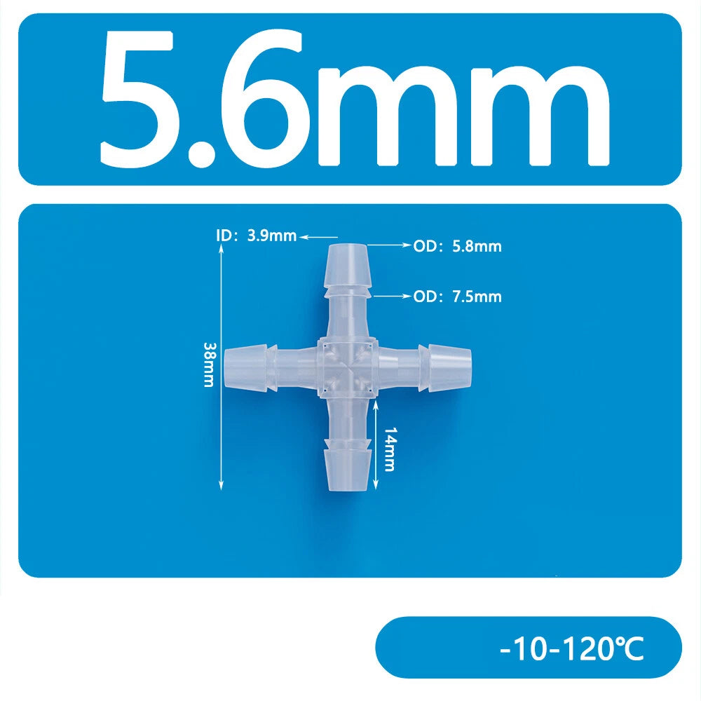4-Way Plastic Hose Connector — Cross & Slant Equal Joint, OD 2.4mm–12.7mm