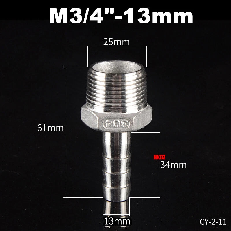 Stainless Steel 304 Barb Hose Tail Connector – 1/2" & 3/4" BSP Male Thread Hose Fittings