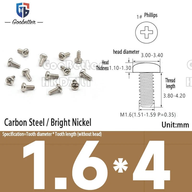 M1.6 & M1.7 Phillips Pan Round Head Machine Screws – Carbon Steel, Brass or Stainless, Lengths 1.5–22mm
