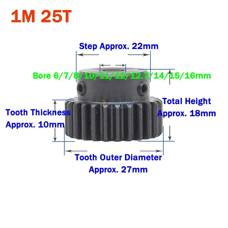 1 Module Spur Gear With Step 15-44 Teeth 45# Steel Pinion Gear Transmission Gear