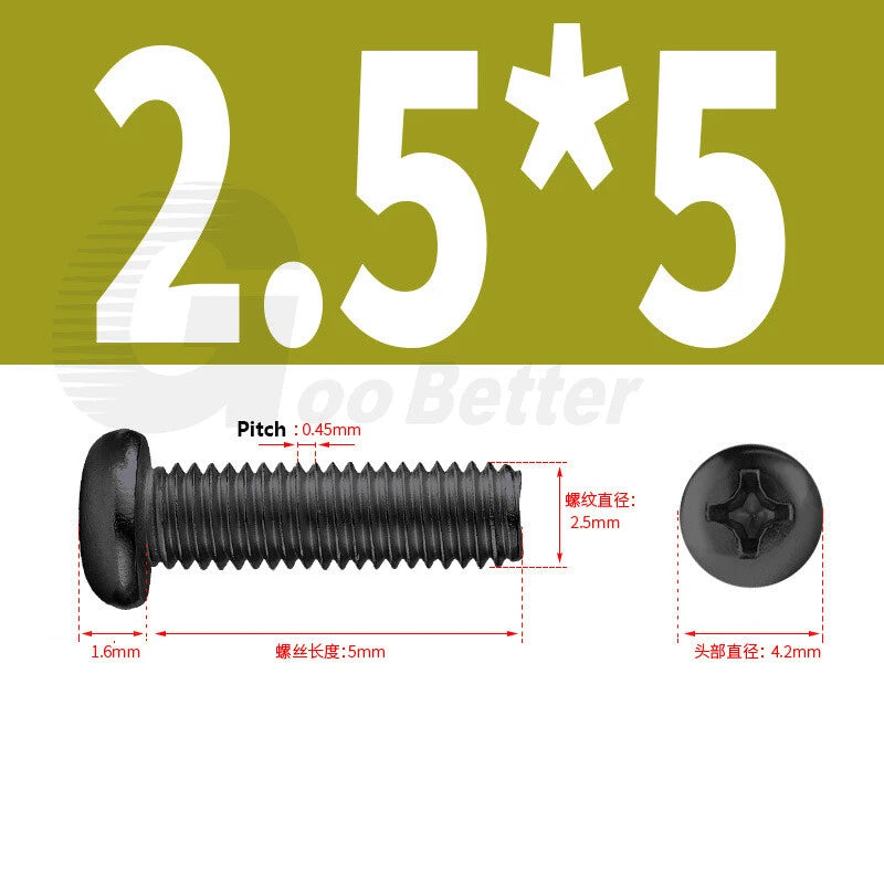M2 M2.5 M3 M4 M5 Black Zinc Phillips Pan Head Machine Screws – Carbon Steel, 3–20mm