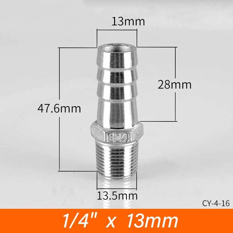 Stainless Steel BSP Male Thread x Barb Hose Tail Connector | 1/8" to 4"