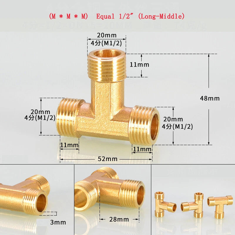 Brass Tee Pipe Fittings – NPT Thread, 1/8" to 2", M/F Configurations
