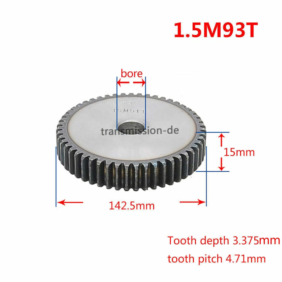 1/1.5 Mod 12T-150T Spur Gear 45# Steel Pinion Gear Thickness 1M-10mm 1.5M-15mm