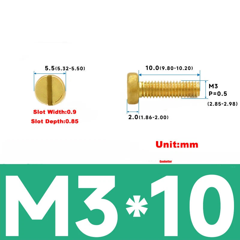 M1–M3 Brass Slotted Pan Head Machine Screws – DIN84, Flathead Drive, 2–10mm Lengths