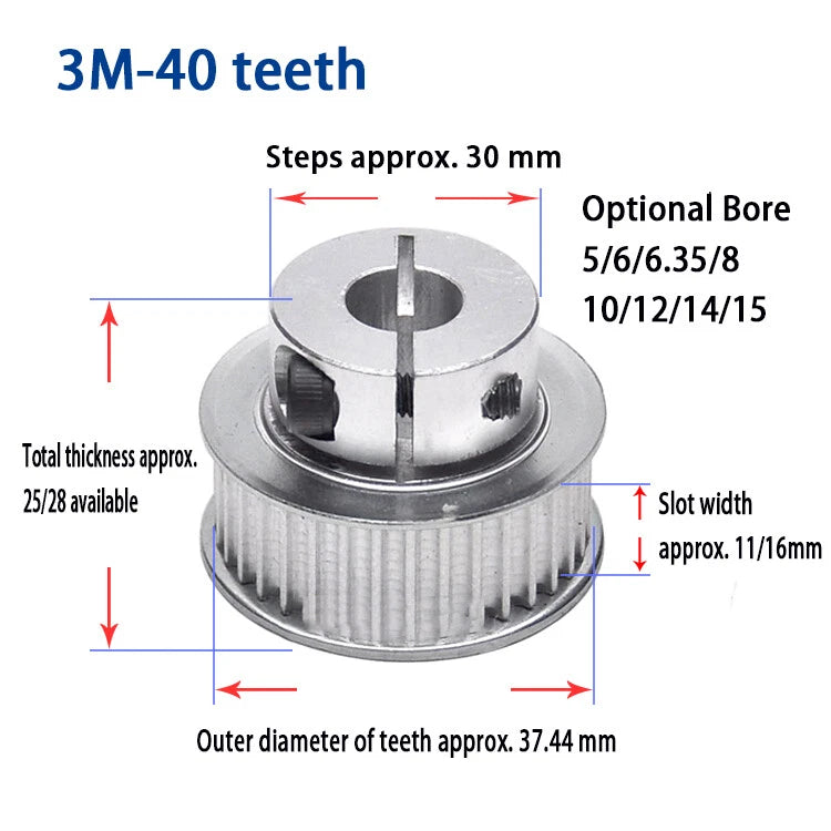 Bore 5 to 15mm CNC Pulley, Clamping Type, For 10mm/15mm Wide 3M Timing Belt