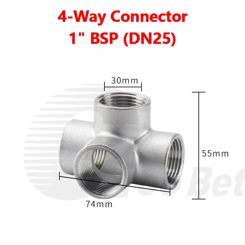 304 Stainless Steel BSP Cross Pipe Fittings — 3-Way & 4-Way, ½" to 1" Thread
