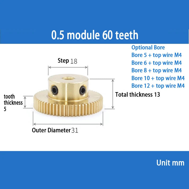 Mod 0.5 Brass Pinion Gear Spur Gears 20-60 Teeth 4-12mm Bore With Screw Hardened