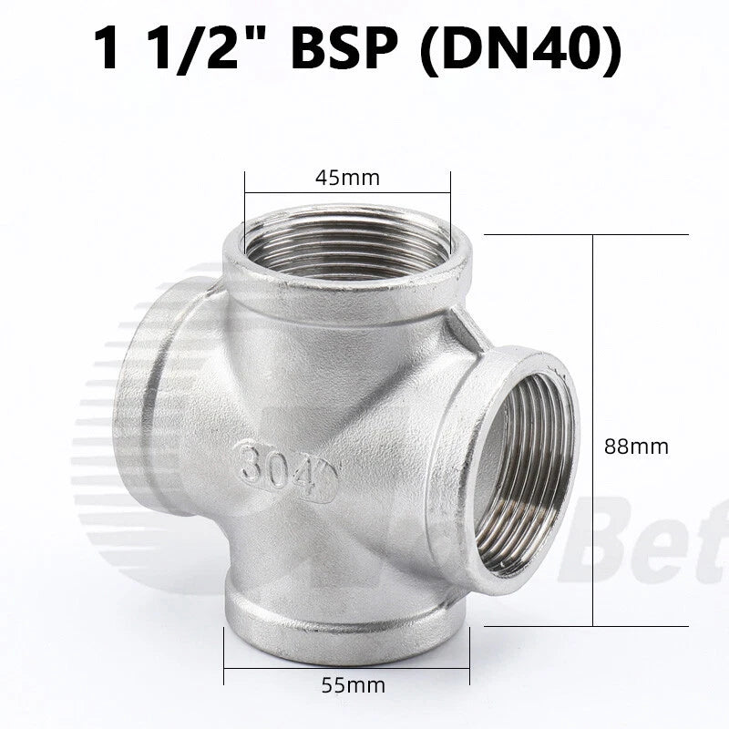 Stainless Steel Cross 4-Way Pipe Fitting | BSP Female Thread | 1/4" to 2"