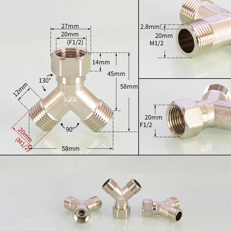 BSP 3-Way Y Fitting — 1/4" 3/8" 1/2" Female Male Thread Hose Splitter Connector
