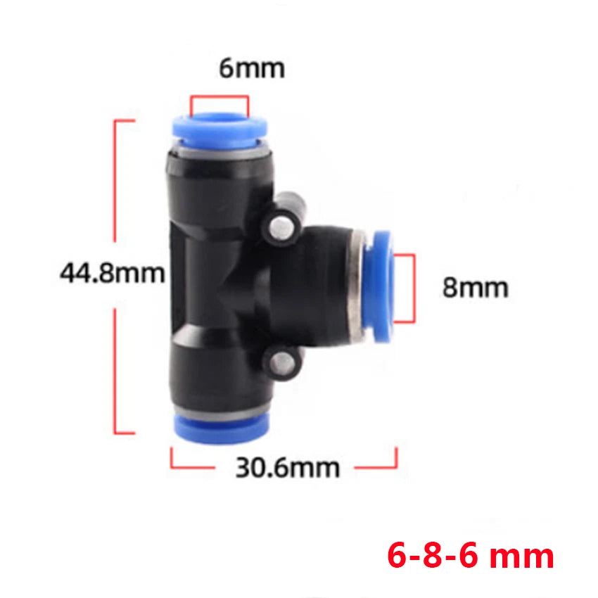 Reducer Tee Push-In Fittings for Pneumatic Air Tube — 4 to 16mm
