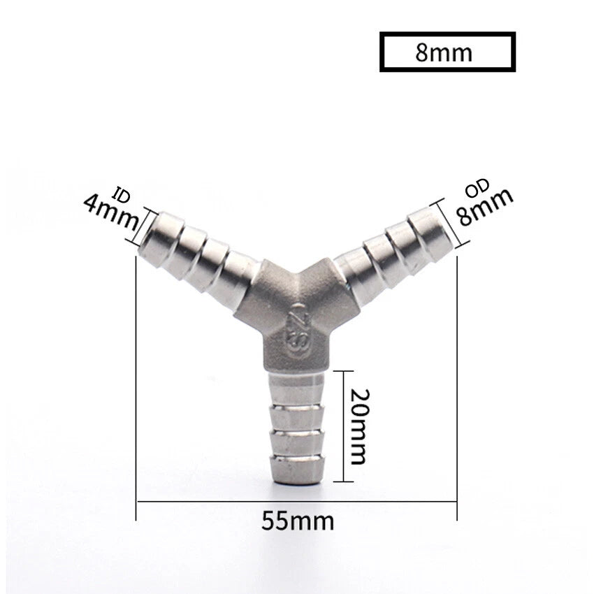 A2 Stainless Steel Barbed 3-Way Hose Connector — T-Type & Y-Type for Fuel, Air, Gas & Oil Pipe