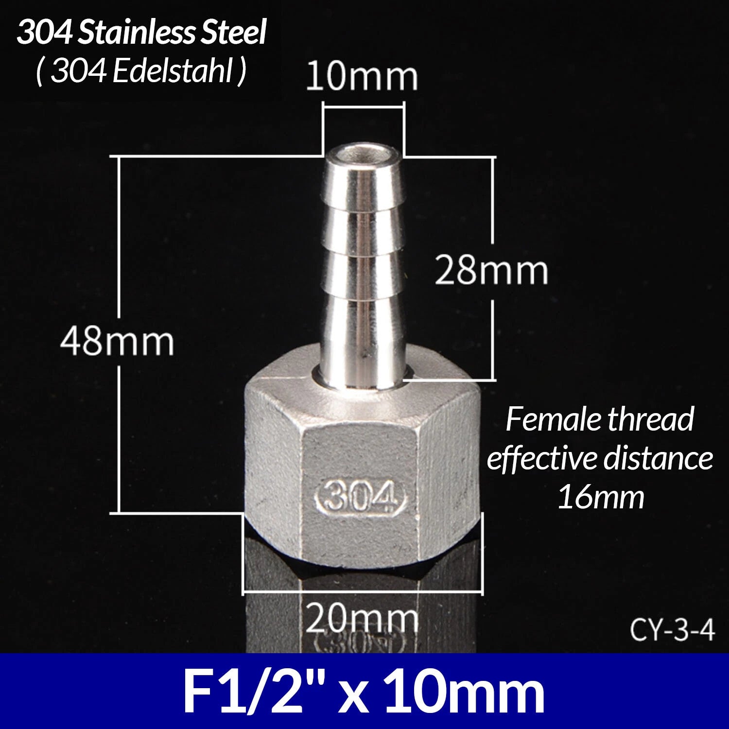 1/4" to 3/4" BSP Stainless Steel Female Fitting x Barb Hose Tail End Connector
