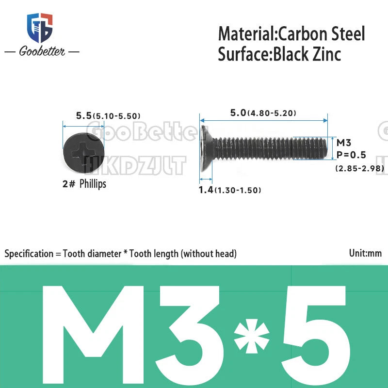 M2 & M3 Countersunk Pozidriv Machine Screws – Carbon Steel, Nickel or Black Zinc (3–22mm Overall Length)