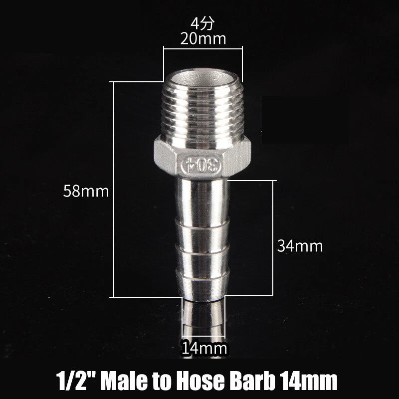 BSP Stainless Steel Male Hose Barb Fitting — 1/2" & 3/4" to Barb Connector