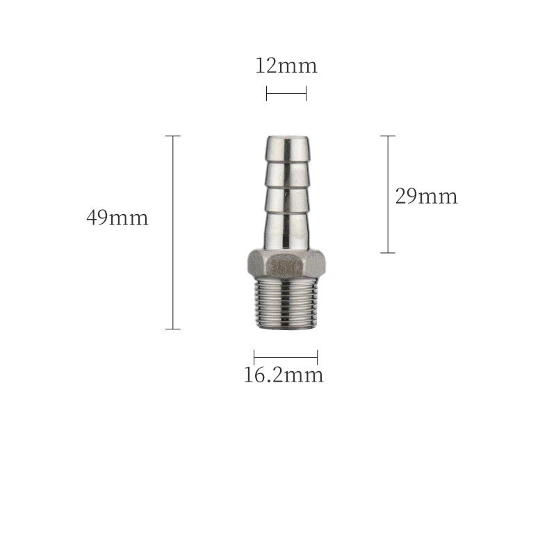 A2 Stainless Steel Straight Barb Hose Connector — Male Thread, 6mm to 20mm Tubing