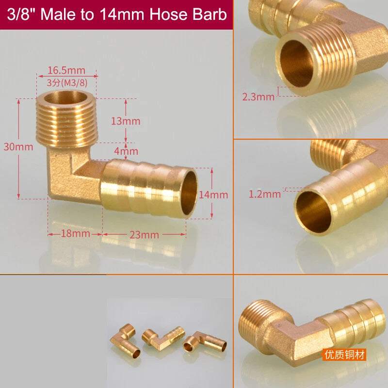 Brass Hose Barb Elbow Fittings — Male BSP to Metric Barb, 1/8" to 3/4" BSP