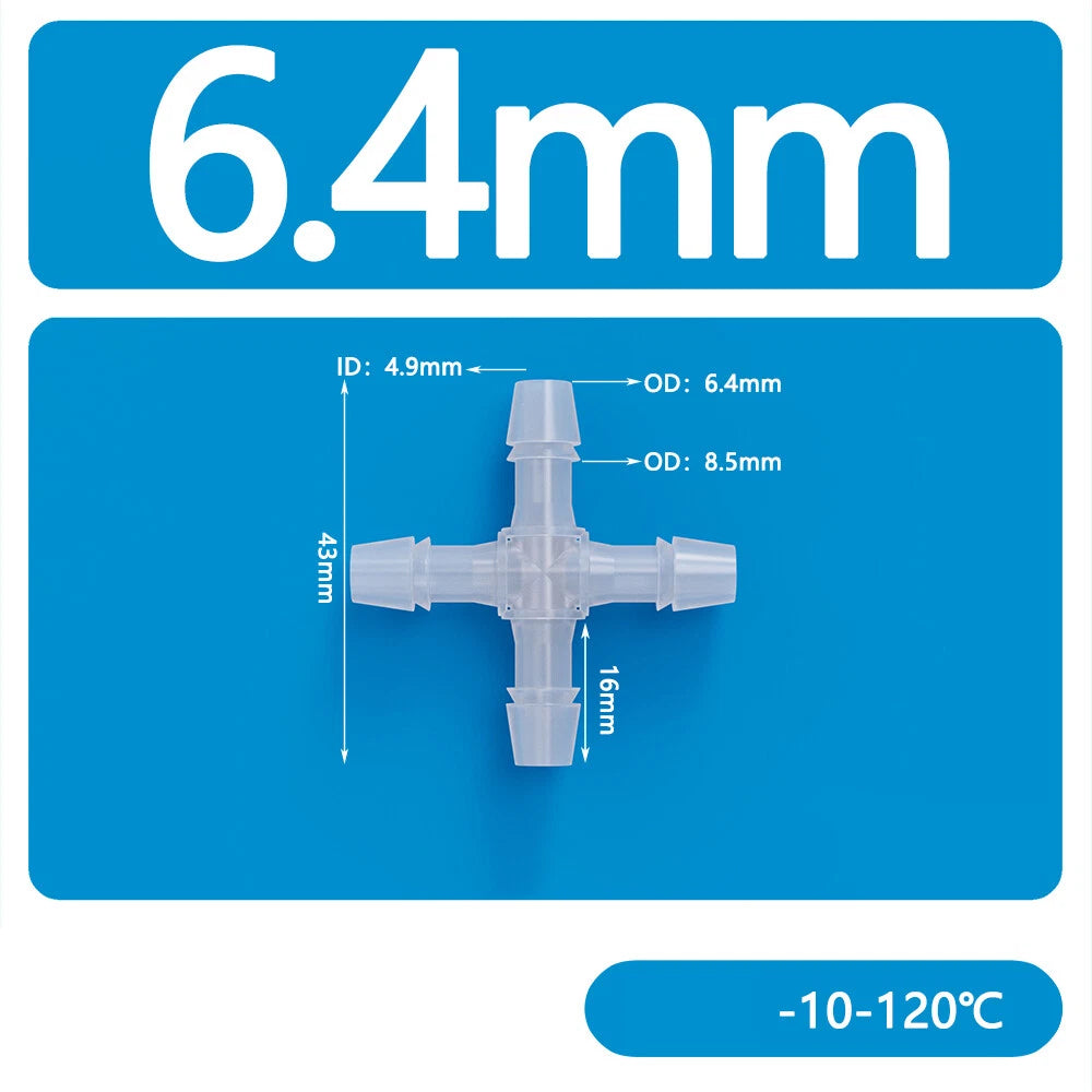 4-Way Plastic Hose Connector — Cross & Slant Equal Joint, OD 2.4mm–12.7mm