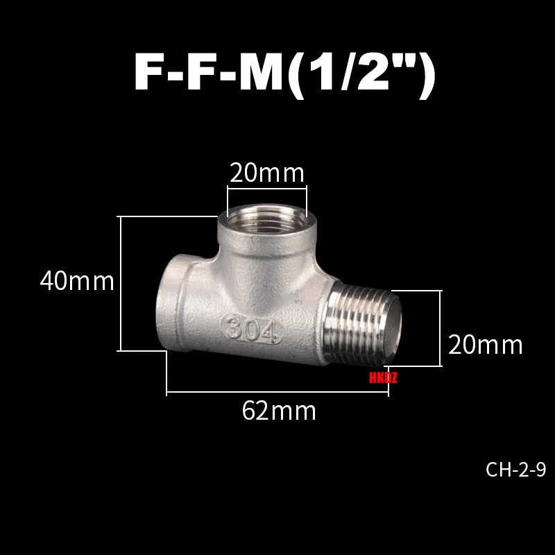 304 Stainless Steel BSP 3-Way Pipe Fitting — 1/4" to 2" Female & Male Thread Tee Connector