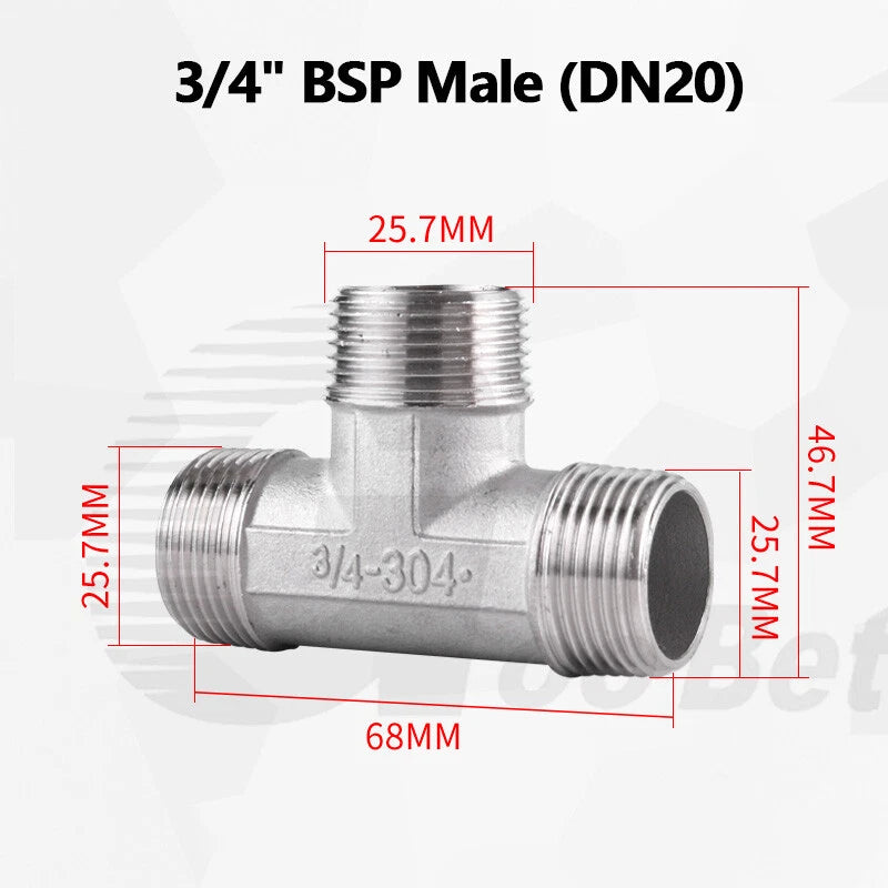 304 Stainless Steel BSP Tee Pipe Fitting — Male & Female Thread, 1/2" to 2"