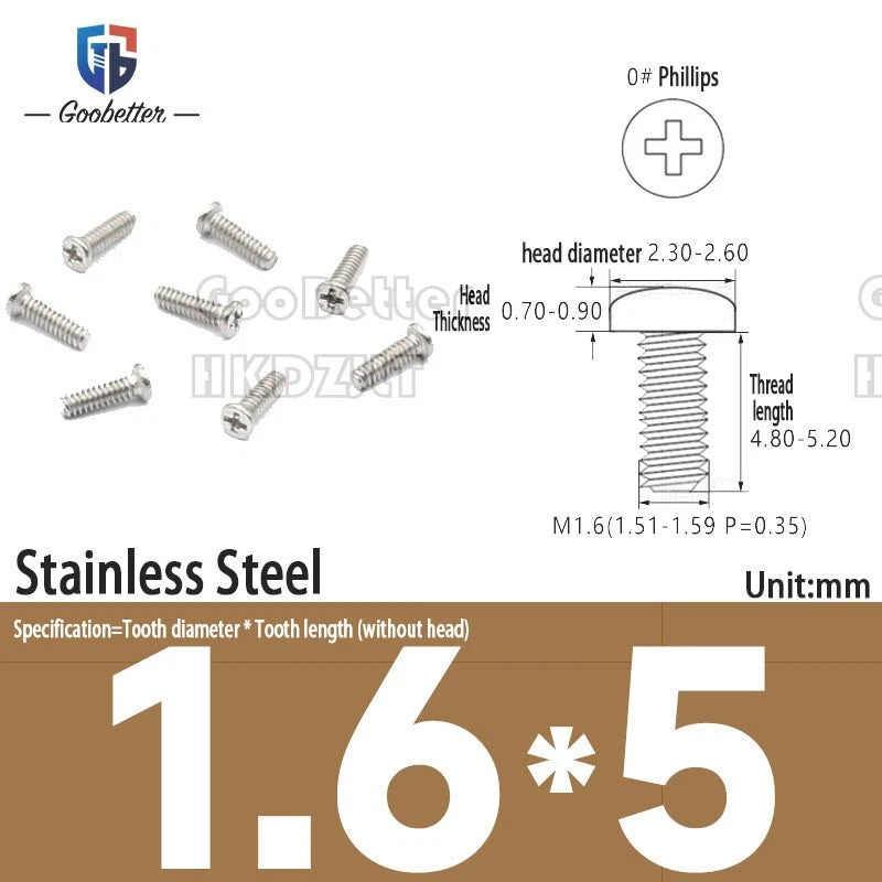 M1.6 & M1.7 Phillips Pan Round Head Machine Screws – Carbon Steel, Brass or Stainless, Lengths 1.5–22mm