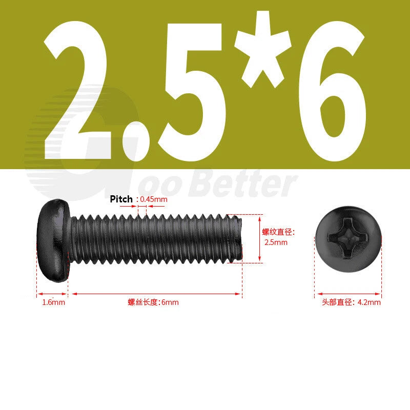 M2 M2.5 M3 M4 M5 Black Zinc Phillips Pan Head Machine Screws – Carbon Steel, 3–20mm