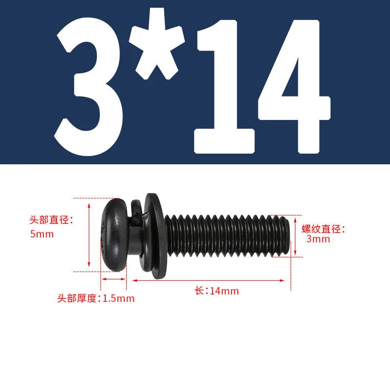 Black Zinc Pan Head Machine Screws with Washers, M2–M6 Pozi Phillips Drive