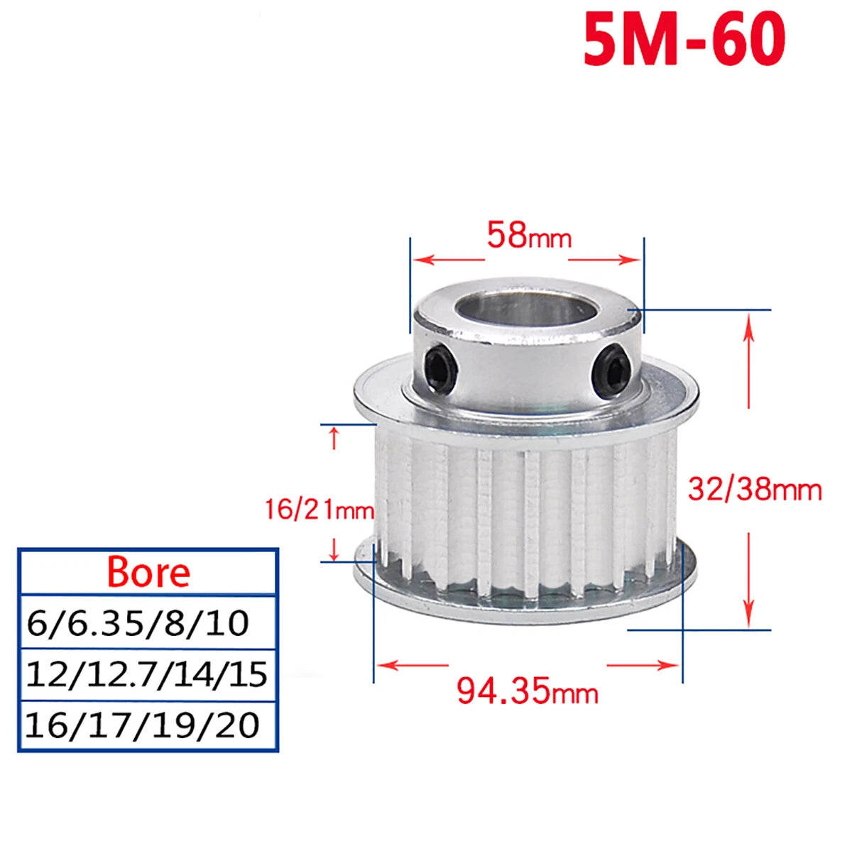 14 - 60 Teeth HTD-5M Timing Belt Pulley Bore 5mm-25mm for Reprap 3D Printer CNC