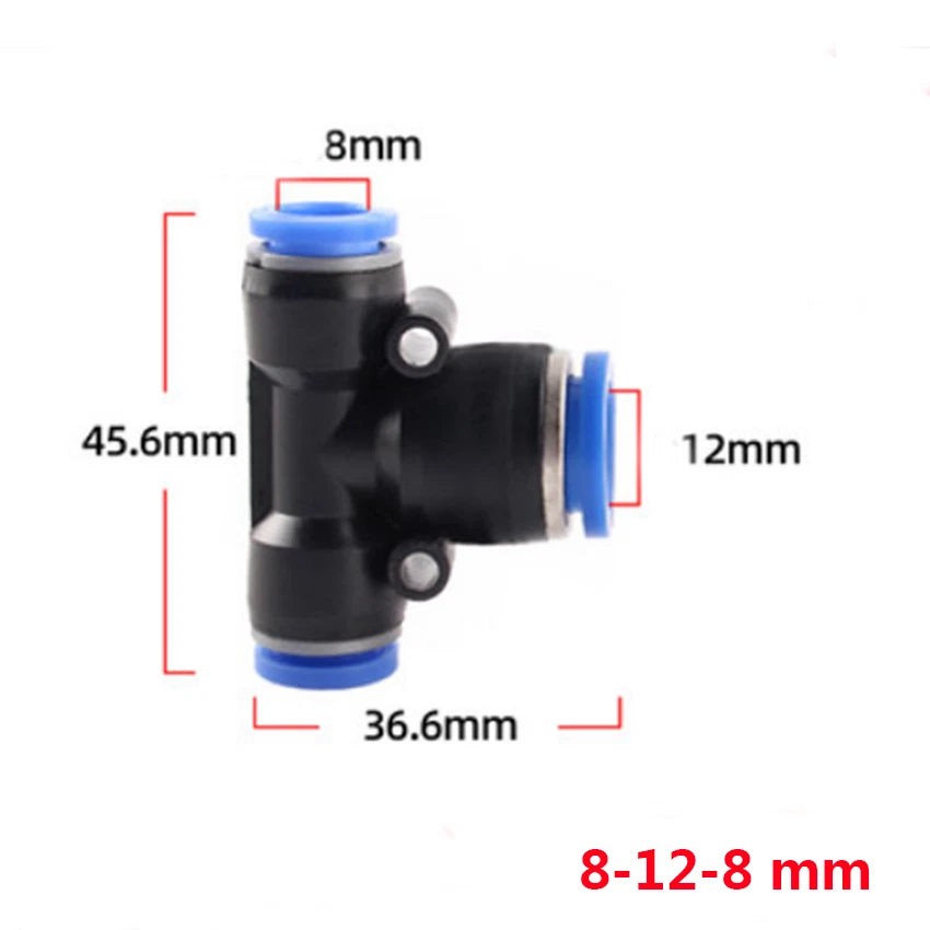 Reducer Tee Push-In Fittings for Pneumatic Air Tube — 4 to 16mm
