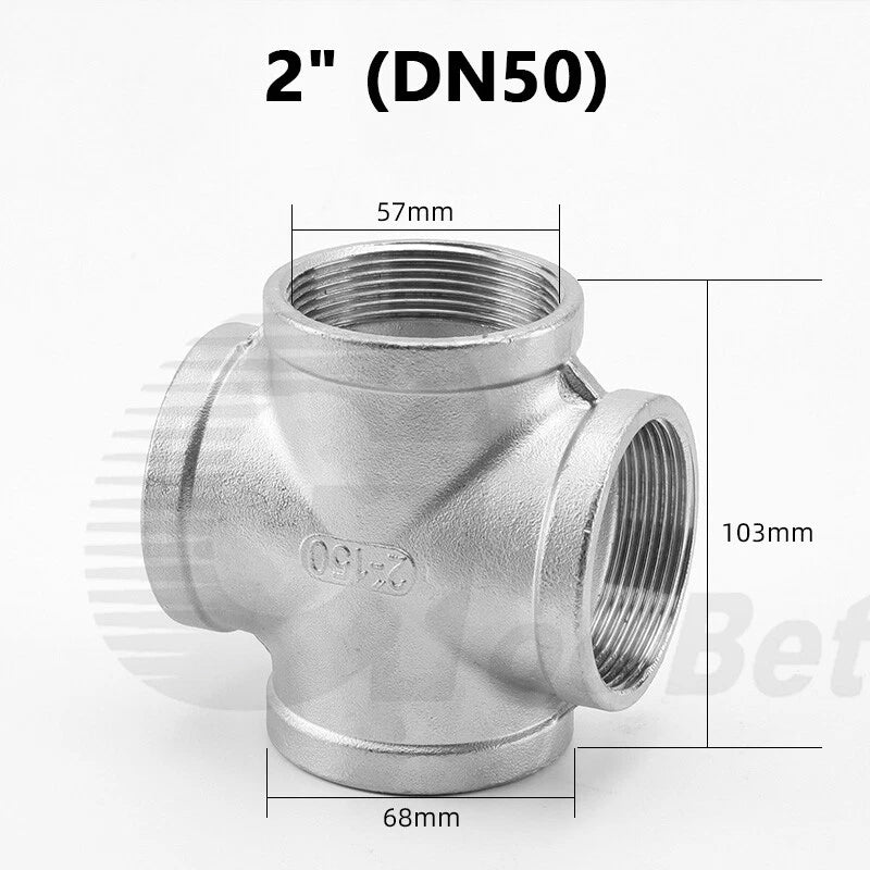 Stainless Steel Cross 4-Way Pipe Fitting | BSP Female Thread | 1/4" to 2"