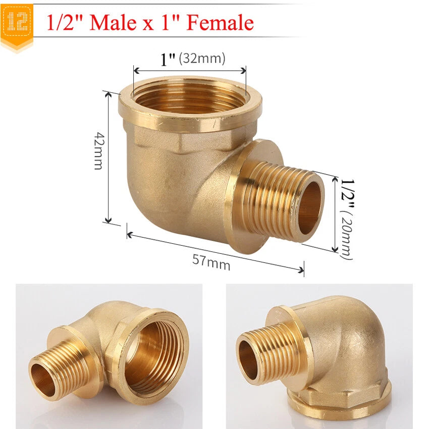 BSP Brass Elbow Fitting — 1/2", 3/4" & 1" Male/Female Thread Pipe Connector Adapter