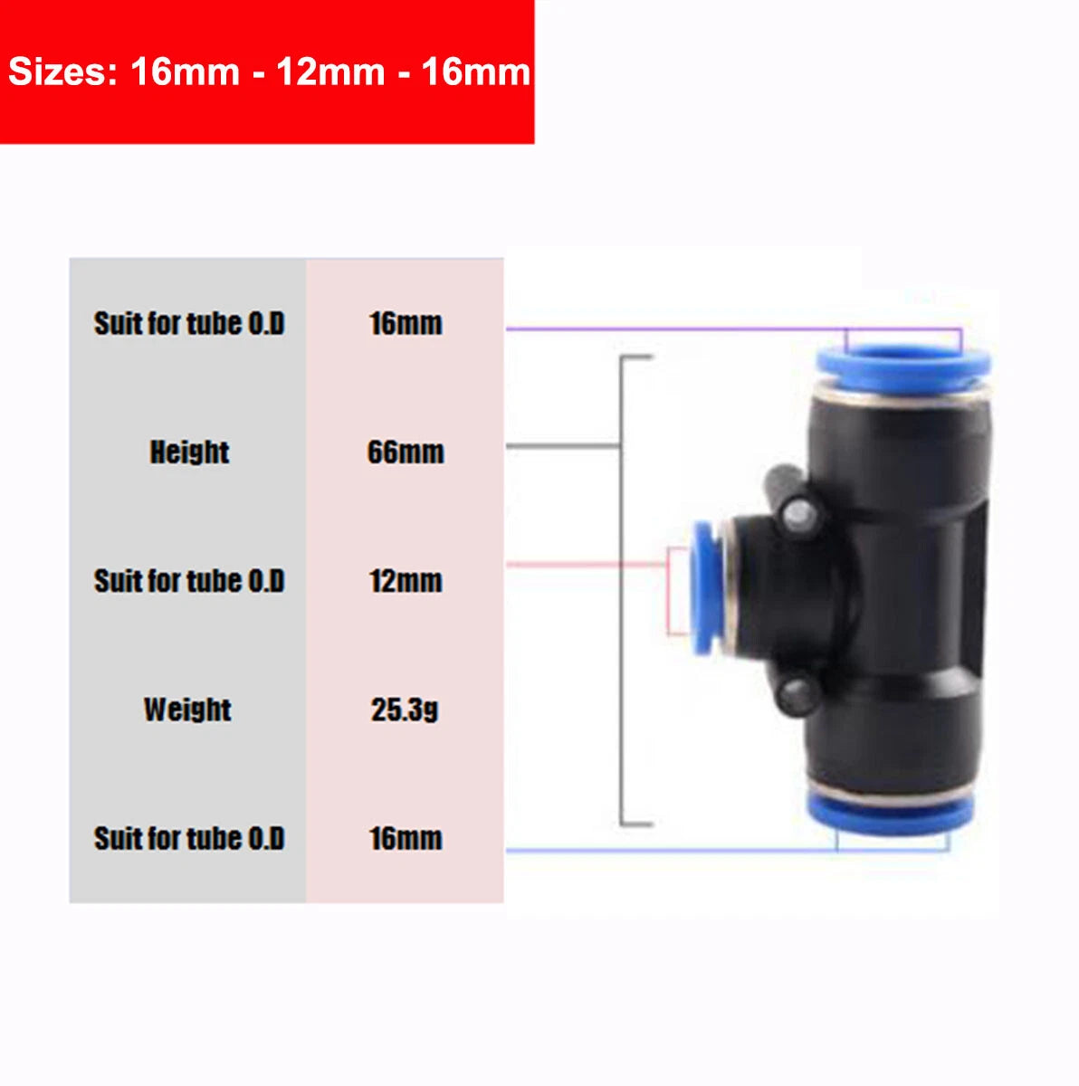 Nylon Pneumatic Reducer Tee 3-Way Connector Hose Tube Inline Push-In Fittings