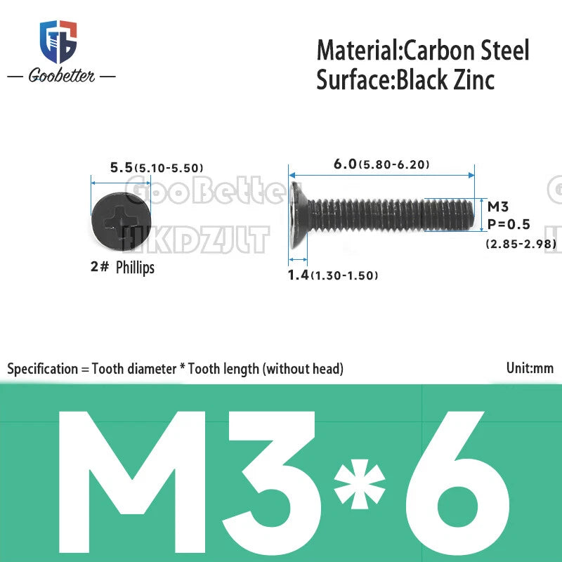 M2 & M3 Countersunk Pozidriv Machine Screws – Carbon Steel, Nickel or Black Zinc (3–22mm Overall Length)