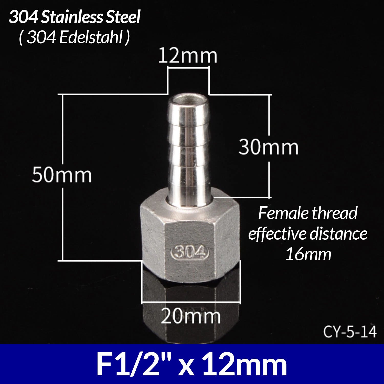 1/4" to 3/4" BSP Stainless Steel Female Fitting x Barb Hose Tail End Connector