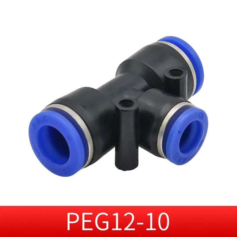 Pneumatic Push-in T-Shape 3-Way Fitting — Air Water Tube Connector PE4–PE16 & Reducing