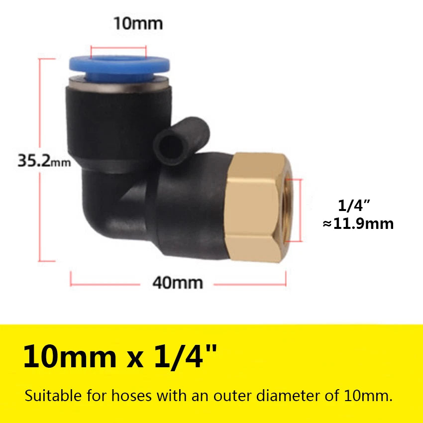 90° Elbow Push-to-Connect Pneumatic Fitting — 4mm to 12mm Hose OD, Female Thread