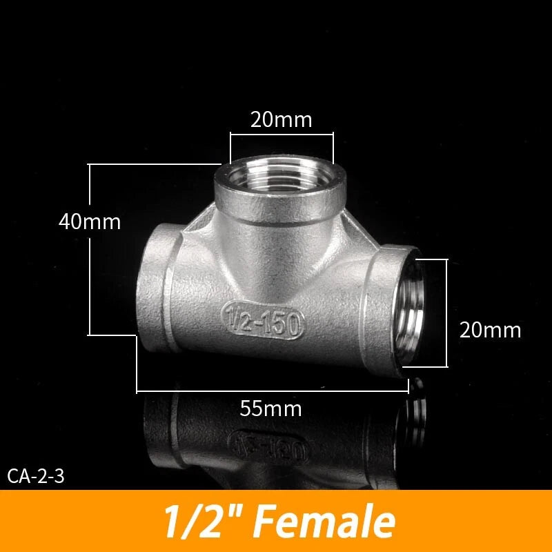 BSP 304 Stainless Steel Tee Fittings — 3-Way Male & Female Pipe Connector (1/8" to 3")