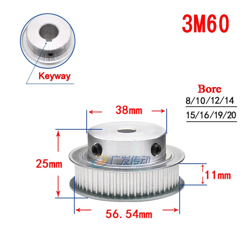 3M 20T-100T Timing Belt Pulley With Step/Keyway, Bore 8-25mm,For 10mm Width Belt
