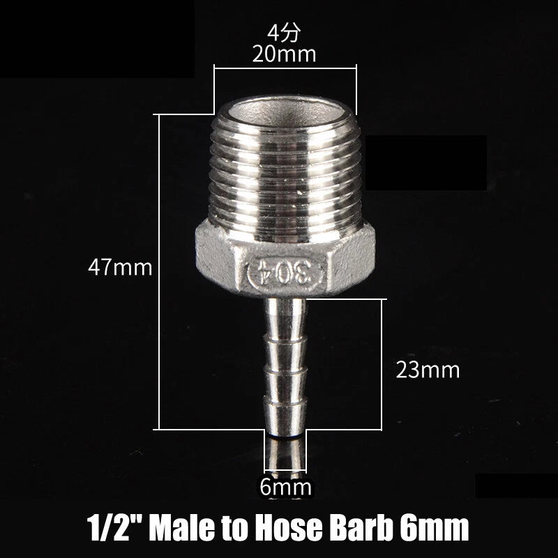 BSP Stainless Steel Male Hose Barb Fitting — 1/2" & 3/4" to Barb Connector