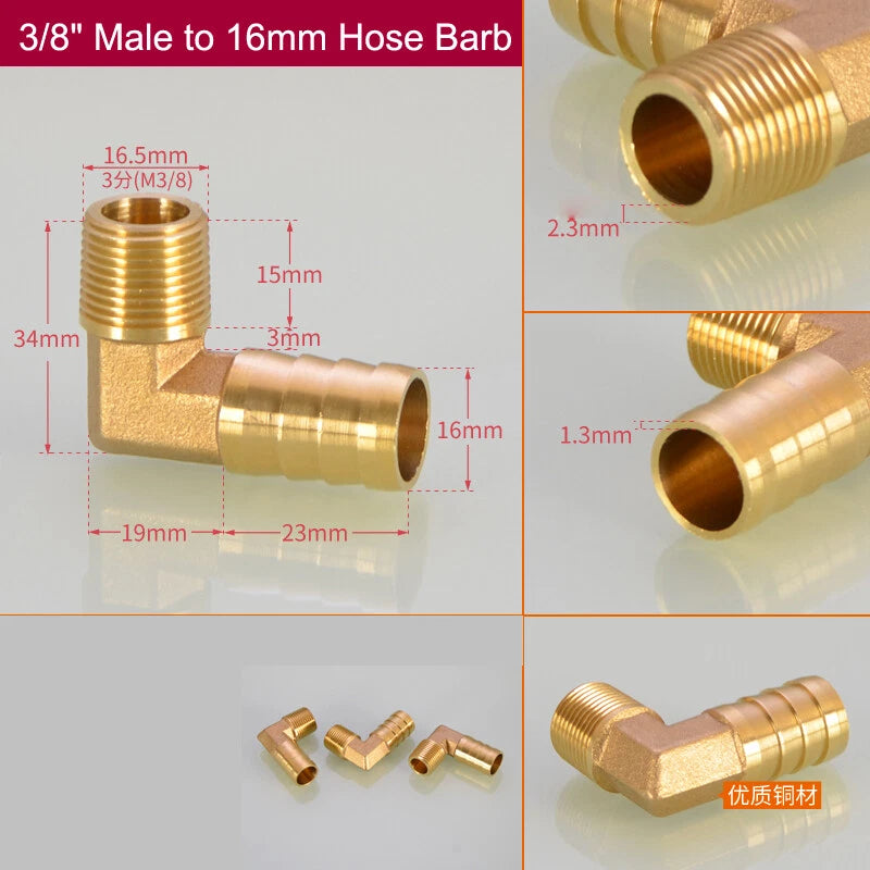 Brass Hose Barb Elbow Fittings — Male BSP to Metric Barb, 1/8" to 3/4" BSP