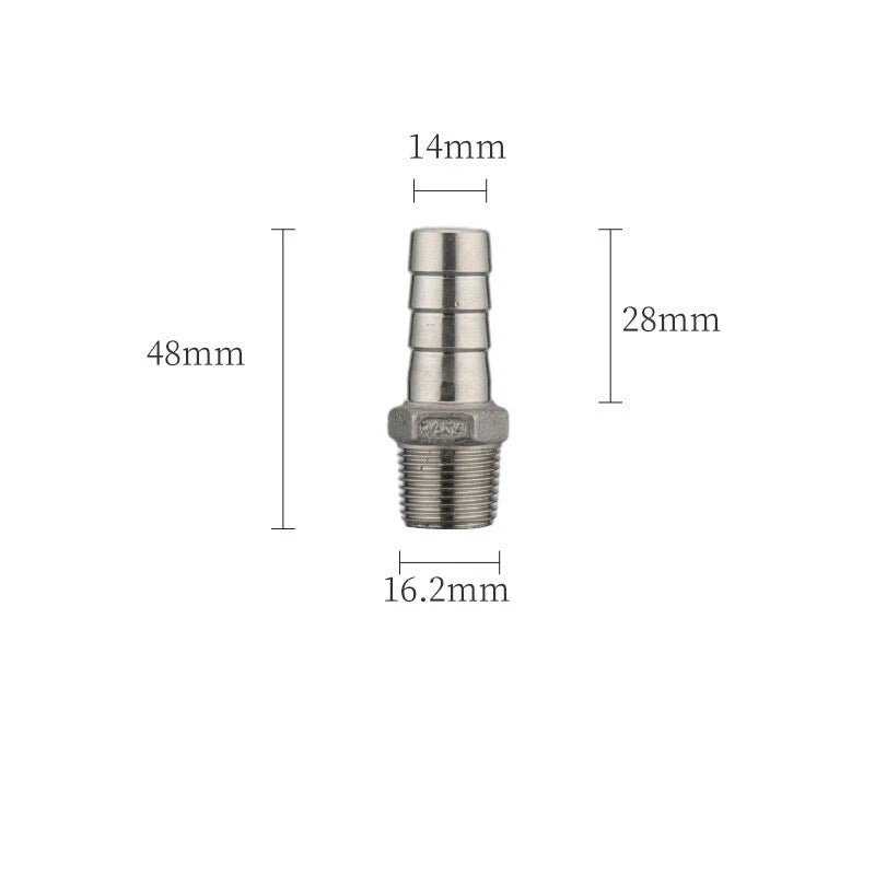 A2 Stainless Steel Straight Barb Hose Connector — Male Thread, 6mm to 20mm Tubing