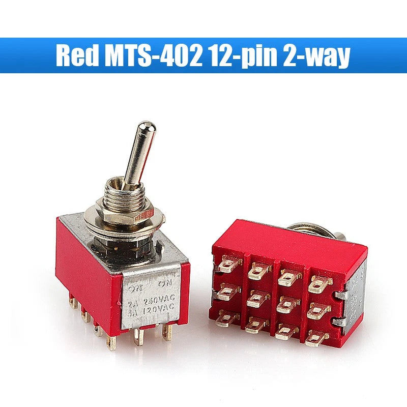 Mini Toggle Switch MTS/PS Series — Red & Blue SPDT 3/6/9/12-Pin, 2-Way & 3-Way