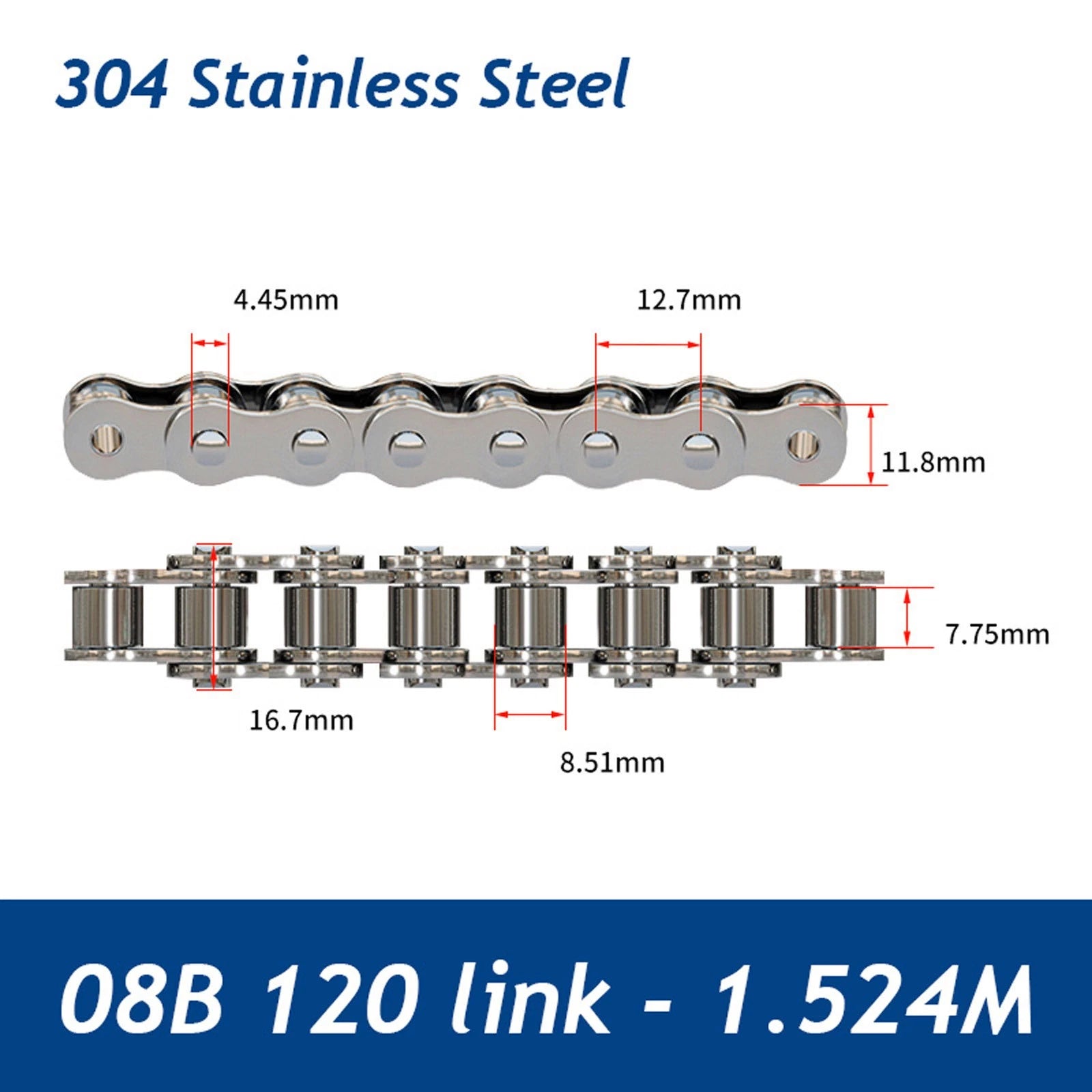 304/201 Stainless Steel Simplex Roller Chain Standard Quality 1M/1.524M All Size