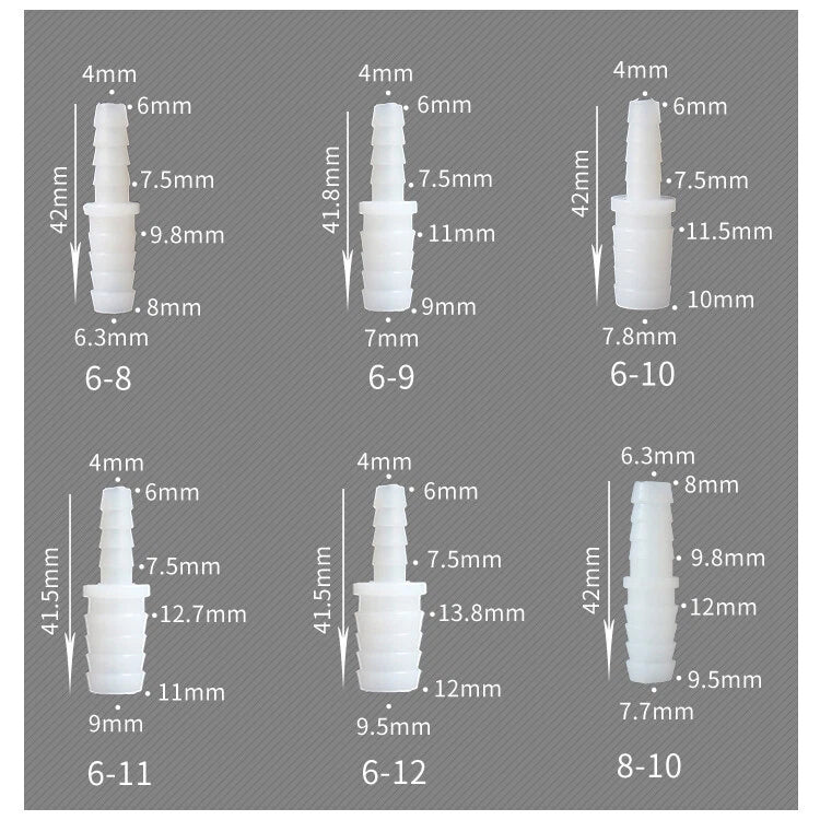 Straight Hose Barb Reducer Connector — Plastic Pipe Fitting 2.4–15.8mm