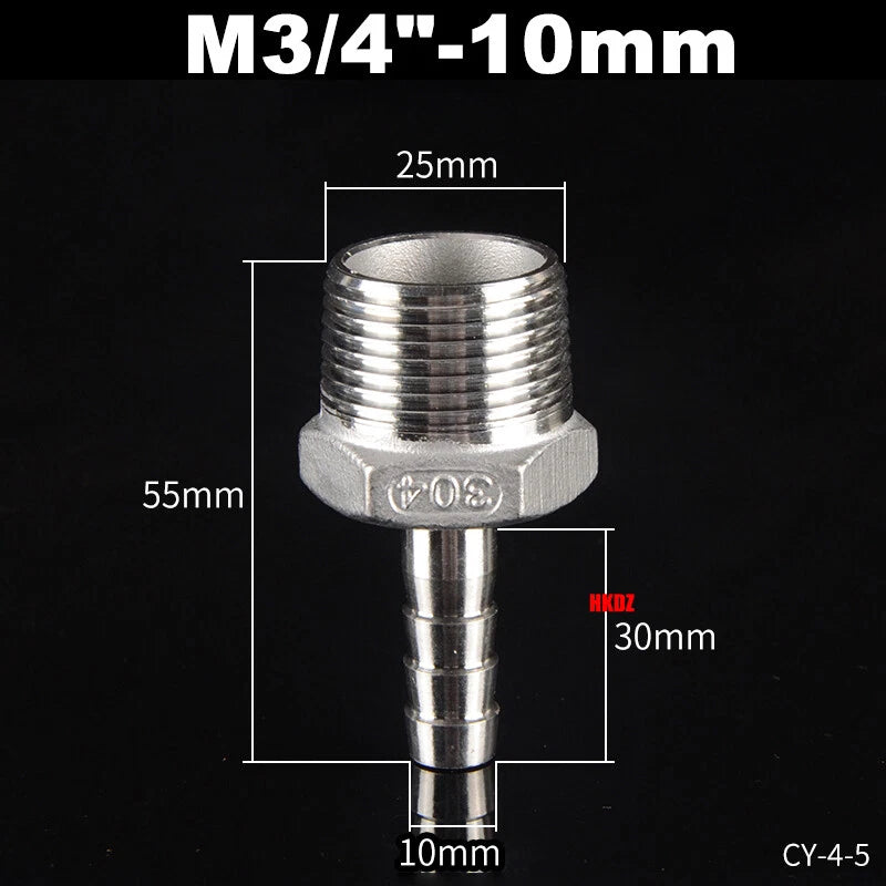 Stainless Steel 304 Barb Hose Tail Connector – 1/2" & 3/4" BSP Male Thread Hose Fittings